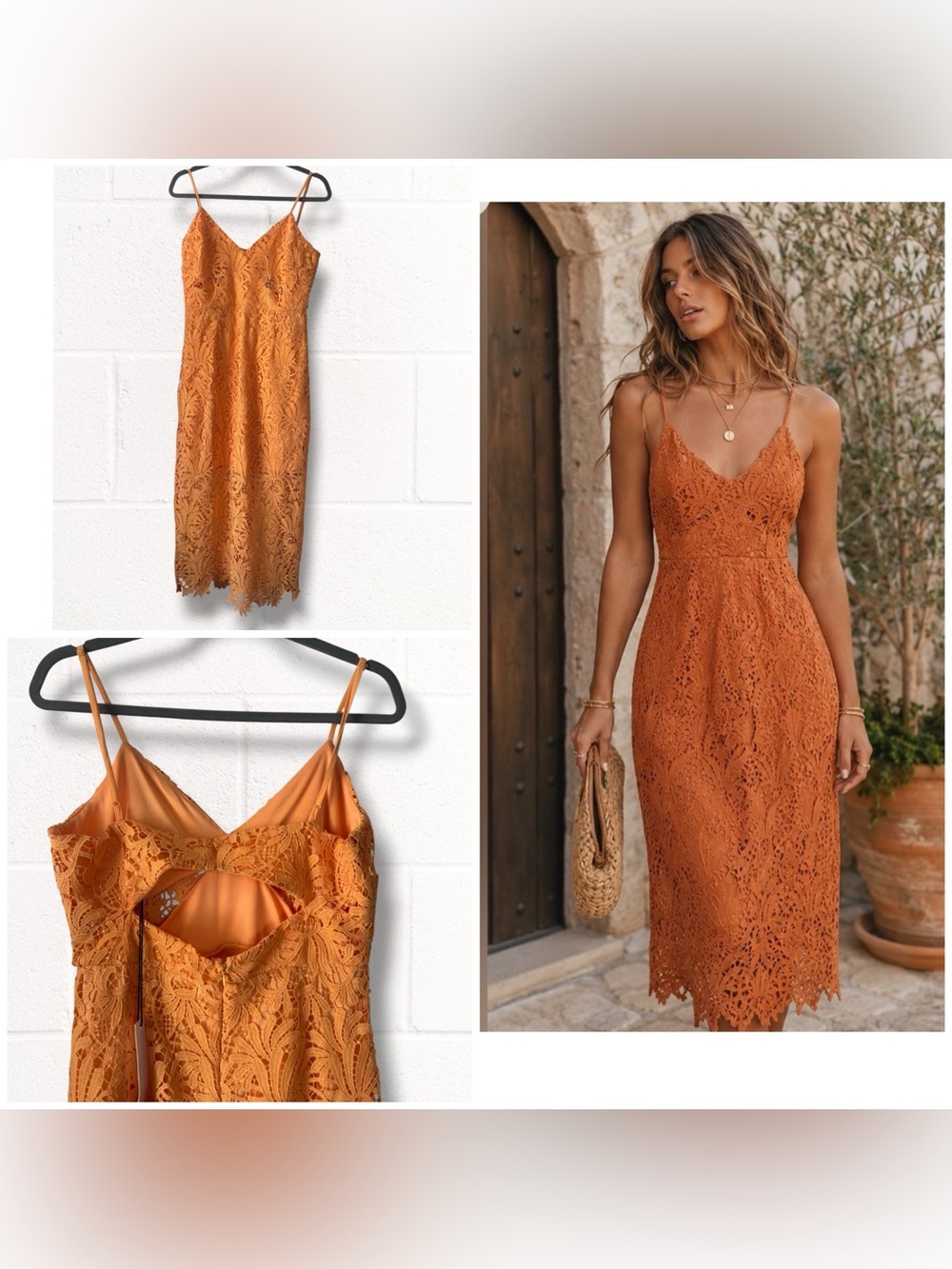 NEW NSR Orange Lace Crochet Slip Midi Dress, Open Back, Large